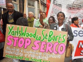 High levels of homelessness and destitution among refugees! Marchers demanding the closure of the Serco-run Yarl’s Wood immigration removal centre