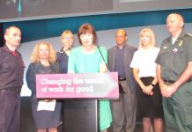 TUC General Secretary FRANCES O’GRADY (centre) yesterday welcoming six emergency workers to Congress who had been involved in the Manchester, Westminster and Finsbury Park attacks and the Grenfell Tower fire