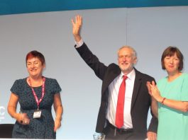 TUC President MARY BOUSTED (left) and TUC general secretary FRANCES O’GRADY greet Labour Party leader JEREMY CORBYN