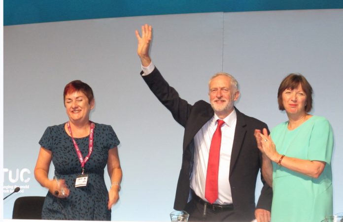 TUC President MARY BOUSTED (left) and TUC general secretary FRANCES O’GRADY greet Labour Party leader JEREMY CORBYN