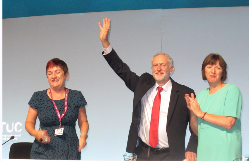 TUC President MARY BOUSTED (left) and TUC general secretary FRANCES O’GRADY greet Labour Party leader JEREMY CORBYN