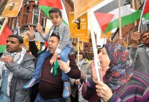 Palestinians outside the Israeli Embassy in London demanding the release of all political prisoners held in Israeli jails