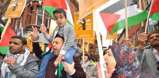 Palestinians outside the Israeli Embassy in London demanding the release of all political prisoners held in Israeli jails