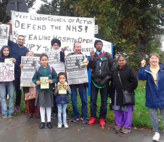 West London Council of Action picket at Ealing hospital determined to keep it open and calling for a big turnout for Sunday’s ‘Big Bike Ride’