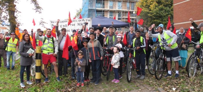 Riders and supporters assemble outside Ealing Hospital on Sunday
