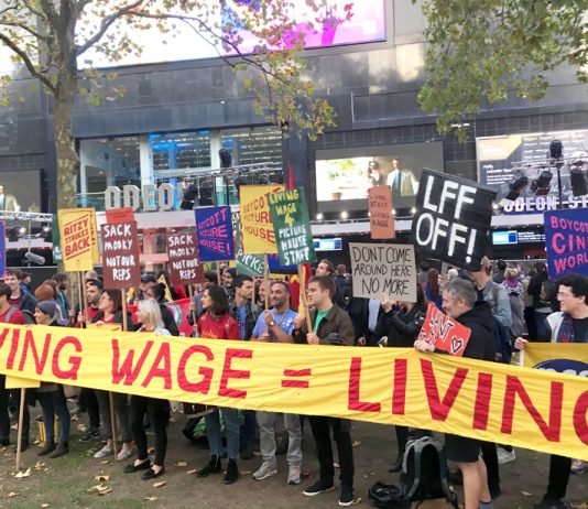As stars arrived on the red carpet for the opening of the London Film Festival BECTU Picturehouse strikers demonstrated for the London Living Wage