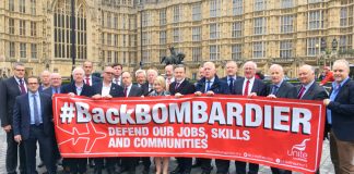 MPs and Bombardier workers outside the House of Commons where the workers demanded that the government defend their jobs