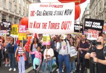 Young Socialists banner on the July 1st march to kick the Tories out demanding the TUC call a general strike