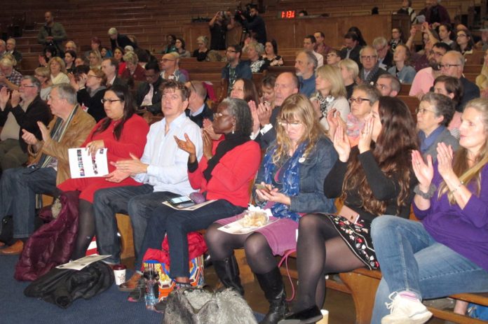 Teachers, parents and support staff at the rally in the Emmanuel Centre before the lobby of Parliament