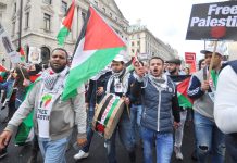 A section of the 20,000-strong march in London on Saturday demanding that the UK apologise for the Balfour Declaration and recognise the state of Palestine