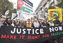 The front banner on Saturday’s 20,000-strong demonstration in support of a Palestinian state