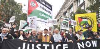 The front banner on Saturday’s 20,000-strong demonstration in support of a Palestinian state