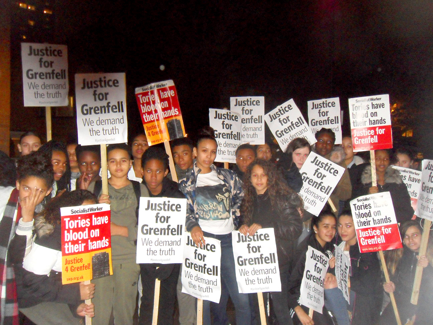 Youth demanding justice for the Grenfell inferno victims on last Tuesday’s silent march through North Kensington
