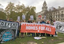Defend Council Housing campaign insisting in Parliament Square during the Budget that council housing must be built to provide homes for everybody