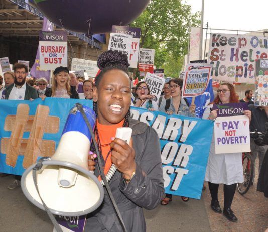 Student nurses and midwives marching to demand that their bursary is restored – axing the bursary has worsened the staffing crisis