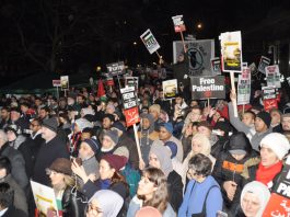 Free Palestine! Hands Off Jerusalem! Over 3,000 protesters shouted ‘Free Palestine! Hands off Jerusalem!’ as they gathered outside the US Embassy in Grosvenor Square on Friday night