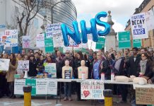 Junior doctors and supporters of their strike outside King’s College Hospital in south London in 2016 – the Trust’s head has quit over cuts