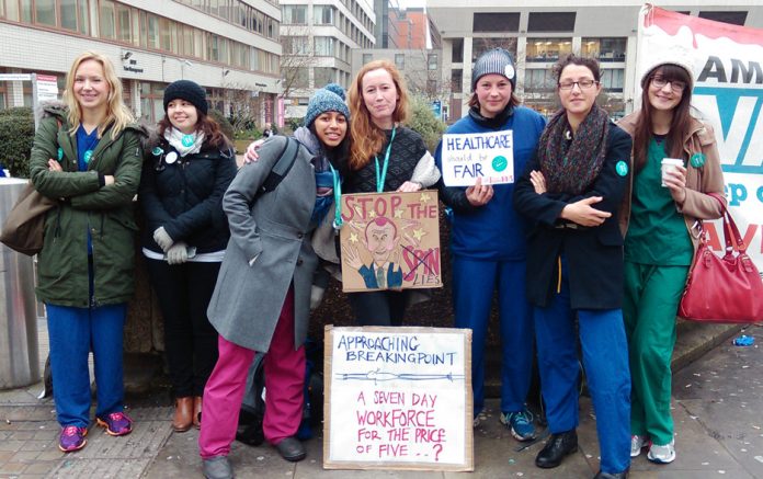Junior doctors on the picket line at St Thomas’ Hospital during their strike against an imposed contract including seven day working