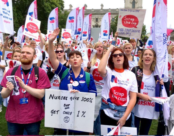 Nurses demonstrate outside Parliament against the one per cent pay cap – creating a shortage of nurses