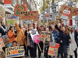 Students on a demonstration outside ULU in central London demanding an end to fees and the restoration of grants