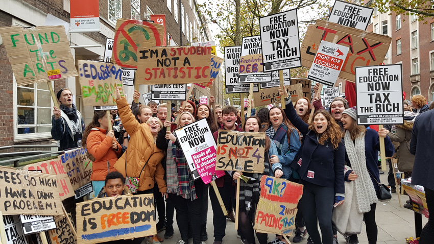 Students on a demonstration outside ULU in central London demanding an end to fees and the restoration of grants