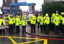 Deptford ambulance workers on the picket line during their nationwide strike in 2014 – they are overworked, understaffed and underpaid