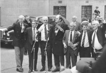 PADDY HILL (second from left) and the Birmingham Six (centre) on the day of their release, March 14, 1991 outside the  Old Bailey, with Labour MP CHRIS MULLIN (centre)