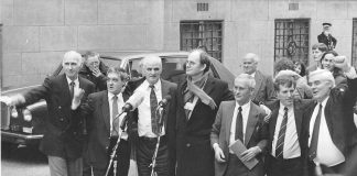 PADDY HILL (second from left) and the Birmingham Six (centre) on the day of their release, March 14, 1991 outside the  Old Bailey, with Labour MP CHRIS MULLIN (centre)