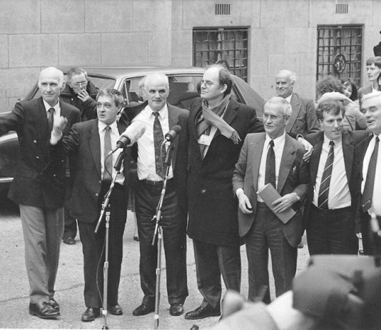 PADDY HILL (second from left) and the Birmingham Six (centre) on the day of their release, March 14, 1991 outside the  Old Bailey, with Labour MP CHRIS MULLIN (centre)