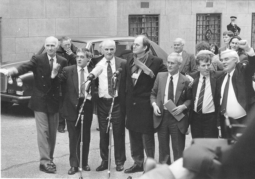 PADDY HILL (second from left) and the Birmingham Six (centre) on the day of their release, March 14, 1991 outside the  Old Bailey, with Labour MP CHRIS MULLIN (centre)