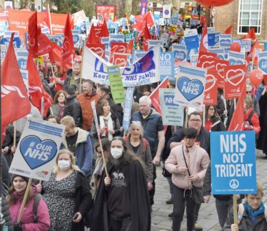 Marchers defending the NHS and making the point that one of the best ways to finance it would be to get rid of Trident