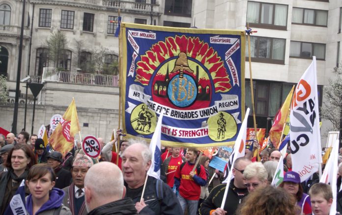 West Midlands FBU banner on a TUC demonstration against cuts