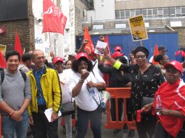 Cleaners and caterg staff in the NHS working for Serco at the London Hospital taking strike action last year against excessive workload and pay cuts