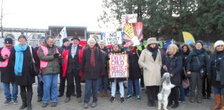 LOUISE REGAN, NUT section president of NEU (second from left) joined yesterday morning’s picket of staff striking against academisation at The Village School in Kingsbury, north west London