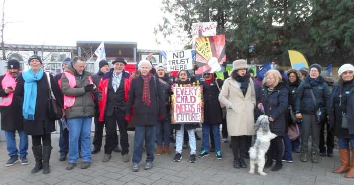 LOUISE REGAN, NUT section president of NEU (second from left) joined yesterday morning’s picket of staff striking against academisation at The Village School in Kingsbury, north west London