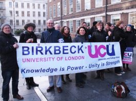 Striking lecturers at Birkbeck University of London on the picket line fighting for better wages and conditions – they are going on strike nationwide on February 22