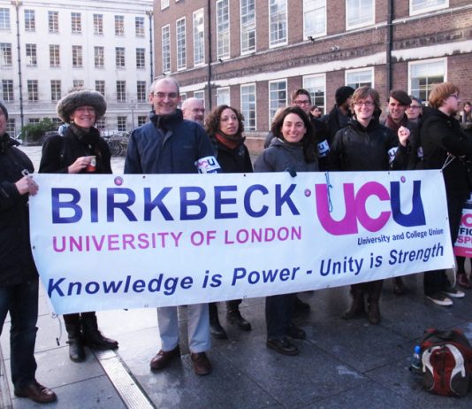 Striking lecturers at Birkbeck University of London on the picket line fighting for better wages and conditions – they are going on strike nationwide on February 22