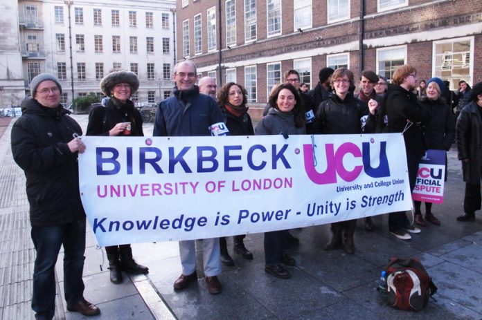 Striking lecturers at Birkbeck University of London on the picket line fighting for better wages and conditions – they are going on strike nationwide on February 22