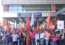 Serco workers outside the Royal London Hospital during strike action last year – Serco have now been awarded Carillion’s contracts