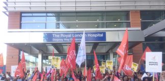 Serco workers outside the Royal London Hospital during strike action last year – Serco have now been awarded Carillion’s contracts