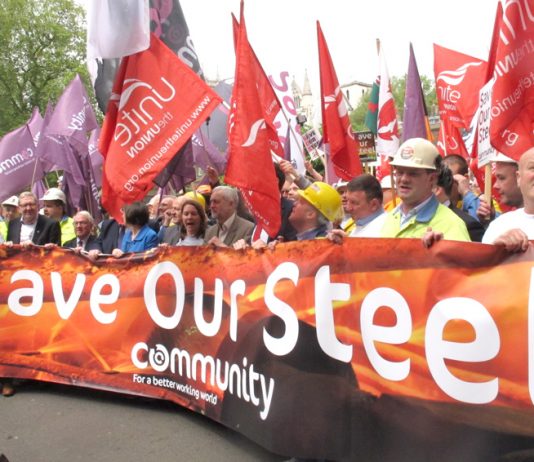 Labour leader Corbyn marching with steelworkers in defence of their jobs