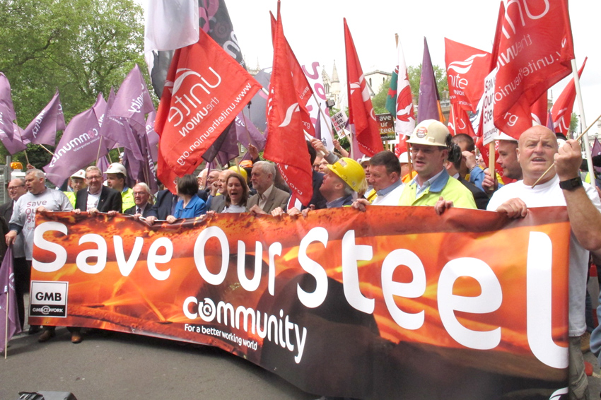 Labour leader Corbyn marching with steelworkers in defence of their jobs