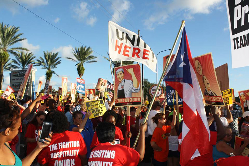 Unite Here Disney workers demonstrate in central Florida on Monday against the company withholding their $1,000 bonuses