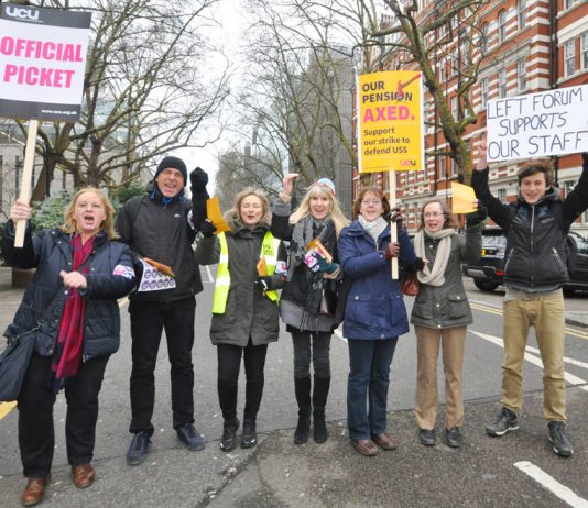 One of the six lively picket lines of UCU strikers at Imperial College with students showing their support for the strike