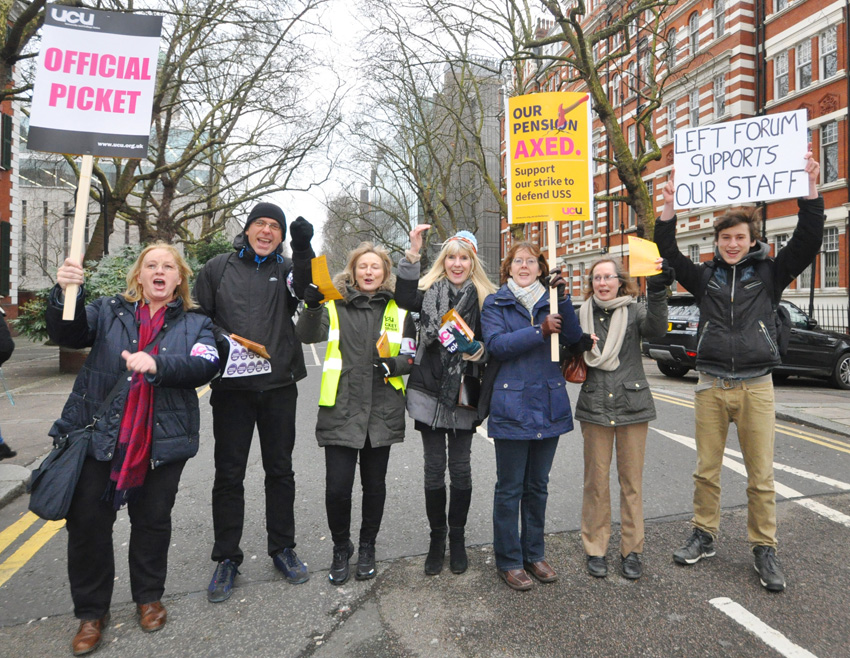 One of the six lively picket lines of UCU strikers at Imperial College with students showing their support for the strike