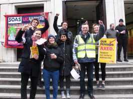 Picket at the School of Oriental and African Studies (above right) in central London show their determination to defend their pensions