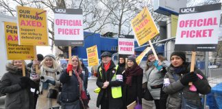 Students join lecturers on the picket line outside Imperial College in west London on the second day of their nationwide strike