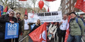 Unite members with their banner on the ‘Save Our NHS’ march against privatisation