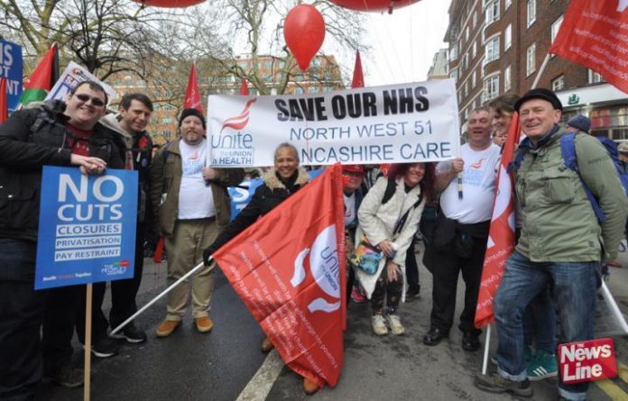 Unite members with their banner on the ‘Save Our NHS’ march against privatisation
