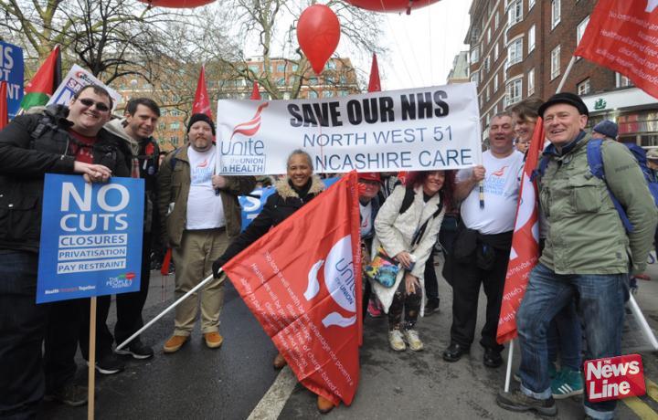 Unite members with their banner on the ‘Save Our NHS’ march against privatisation